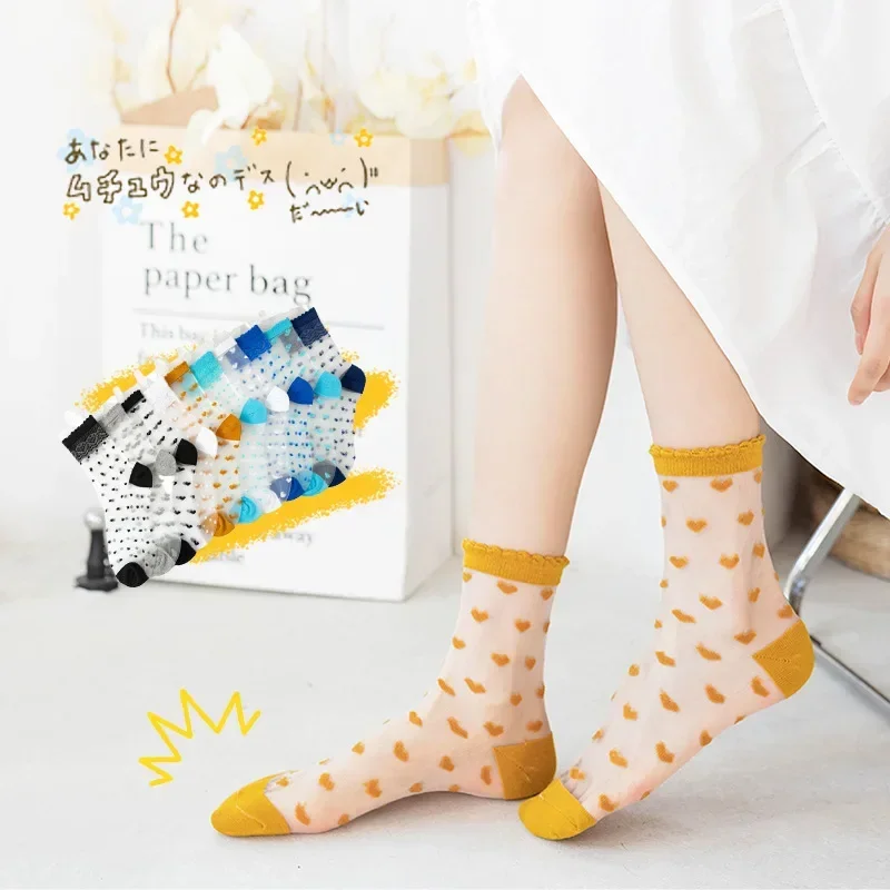 Polka Dot Kristall Seide Socken Sommer ultra dünne transparente Spitze Socken Herz druck japanische Kawaii Mädchen süße Rüschen Frauen Socken