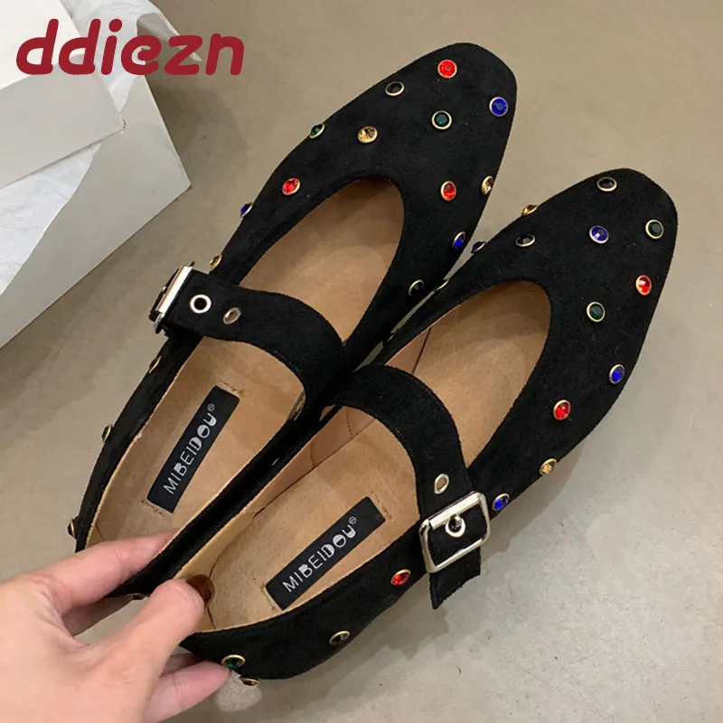 Female Luxury Rhinestones Fashion Shallow Women Ballet Flats Shoes Crystal Footwear Buckle Strap Ladies Flats Mary Janes Shoes