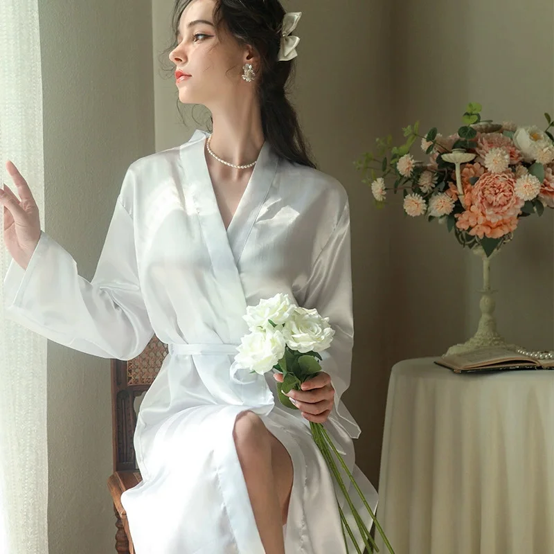 

White Rayon Kimono Women Mid Length Bathrobe Gown Solid Color Nightwear Autumn Spring New Sleepwear Long Sleeve Loungewear ﻿