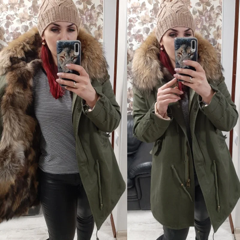 MAOMAOKONG Natürliche Waschbären Pelz Kragen Winter Mantel Entfernen Liner Dünne Jacke Pelzmantel Frau Parkas Weibliche Kleidung