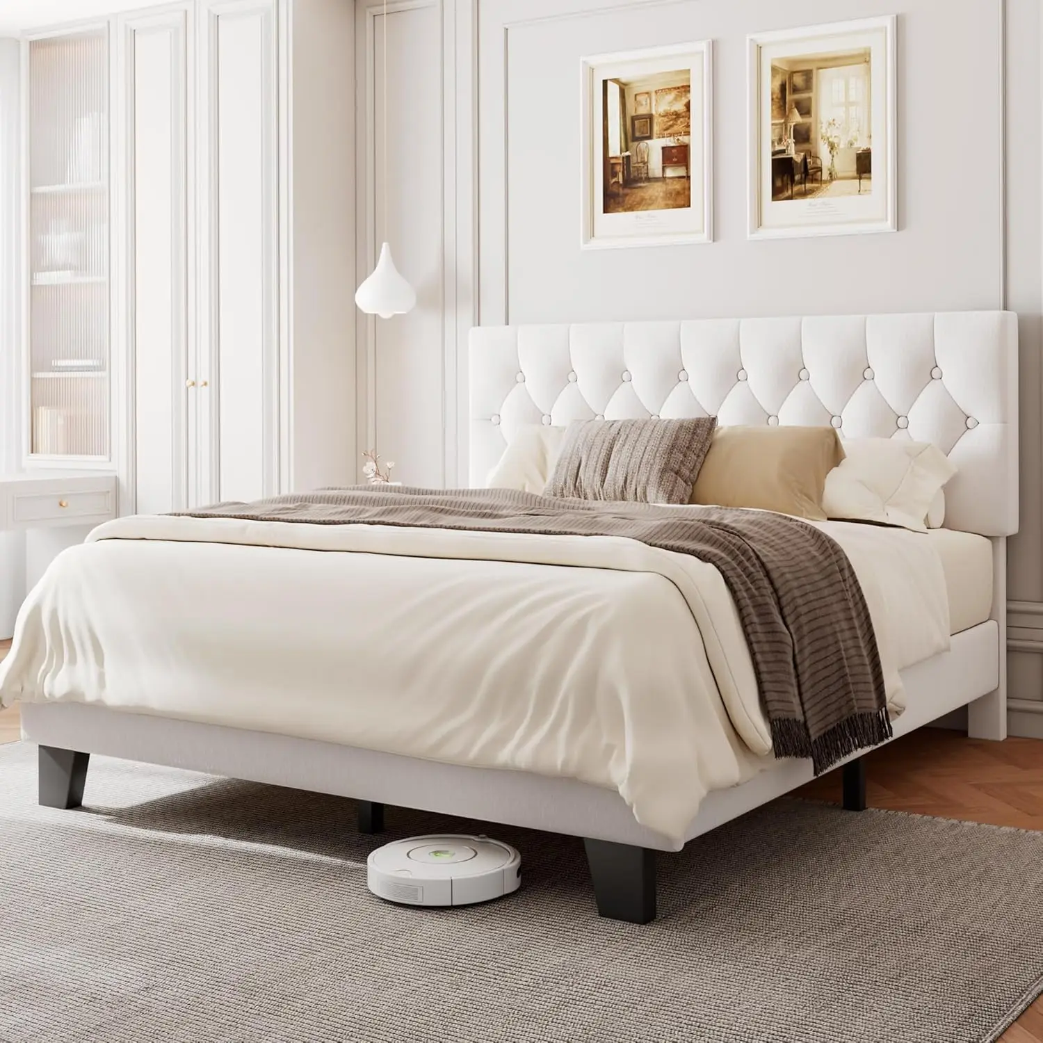 

Upholstered Queen Bed Frame with Headboard, Button Tufted Linen Platform, Easy Assembly, White