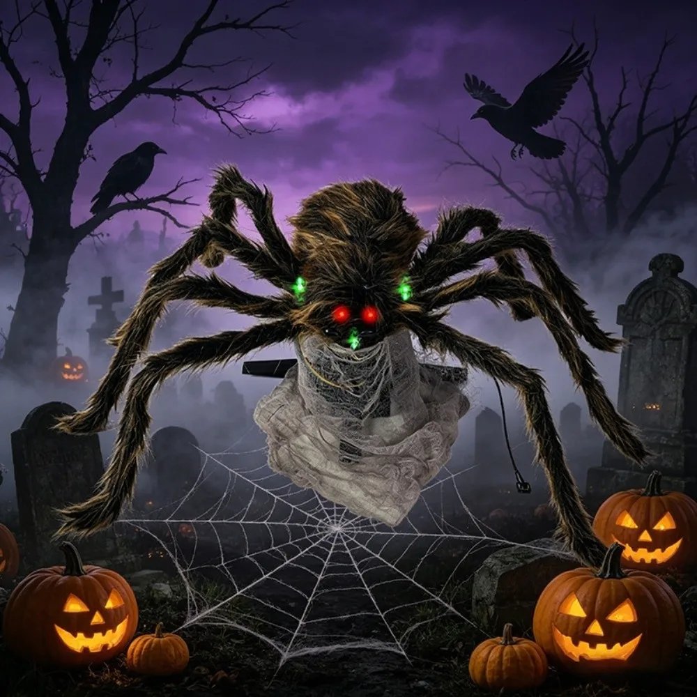 Scary Halloween Giant Spider Bendable Legs Red Eyes Spider Props Realistic Plush Artificial Plush Spider Outdoor Decoration