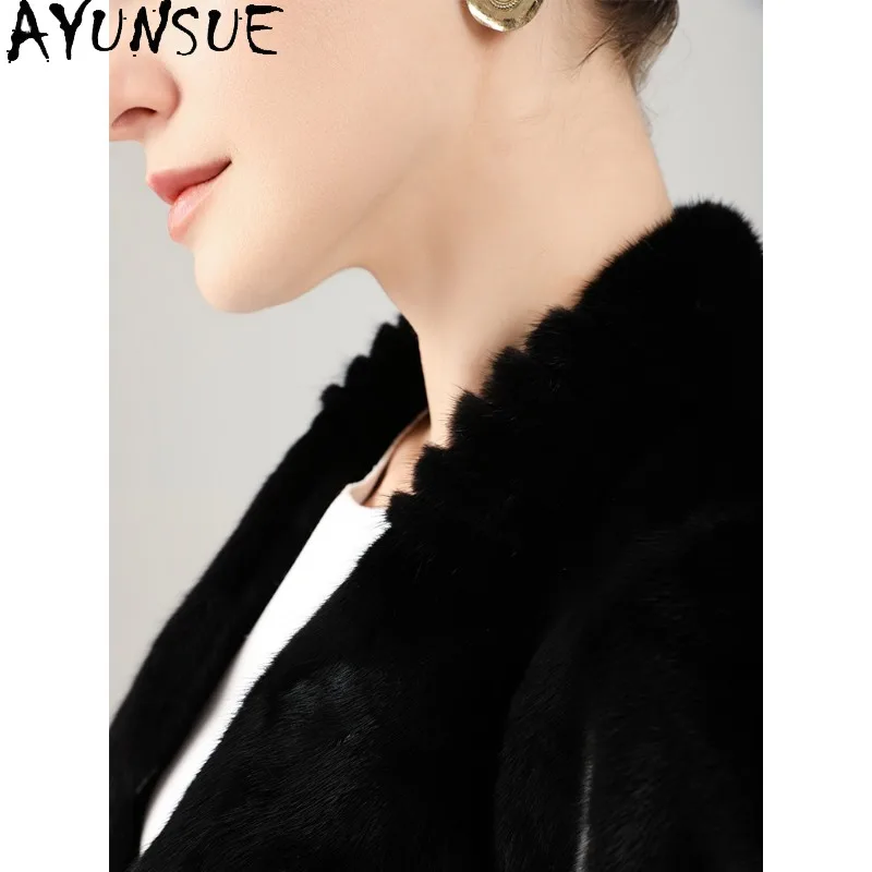AYUNSUE Cappotto di pelliccia vera Donna Giacche invernali di lusso Donna Colletto alla coreana Giacca di pelliccia Visone intero Cappotti di pelliccia nera Abbigliamento donna Шу].