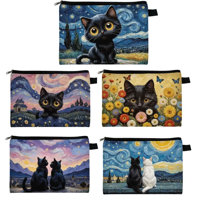 Cute Black Cat in Van Gogh Painting Print Cosmetic Case The Starry Night Women Makeup Pouch Pen Napkin Storage Toiletries Bags