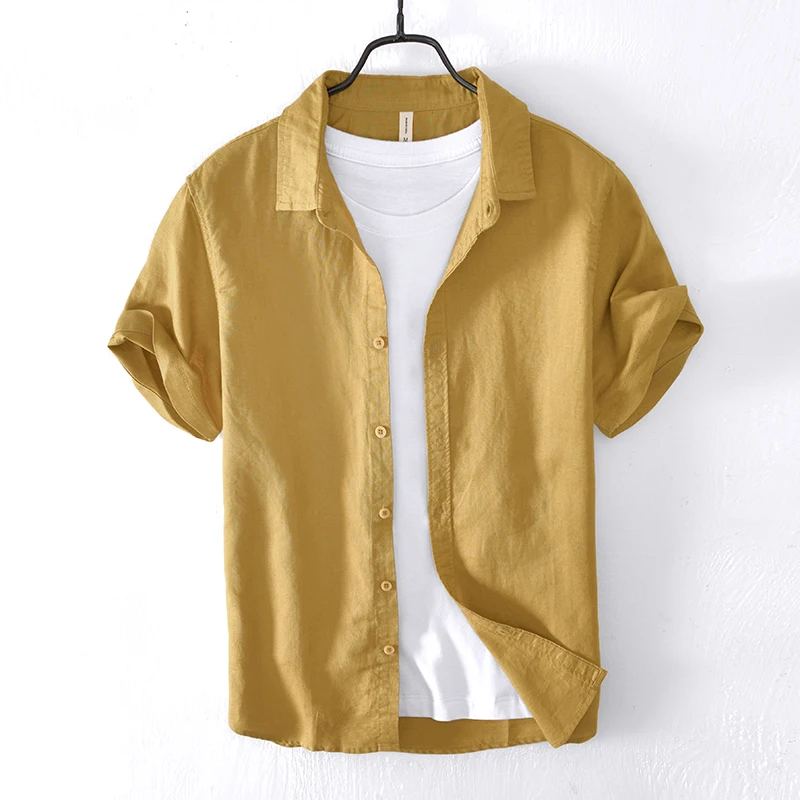 

Summer Casual Cotton Linen ort Sve irt Men's Loose Fit Button up Pure Color Inner Outer Wear Youth ular Sle
