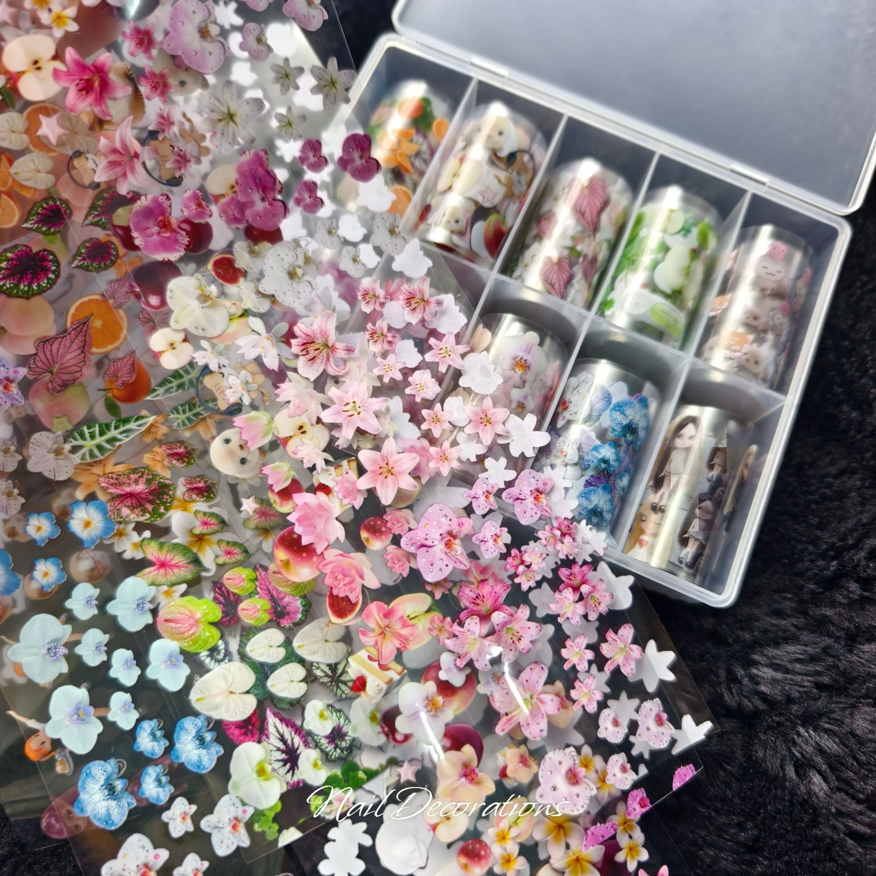 1 Box Blumen-Plumeria-Begonien-Blätter Phalaenopsis-Lilien Nagelfolien Transferpapier Nagelkunst-Aufkleber Nageldekoration – Detail 3
