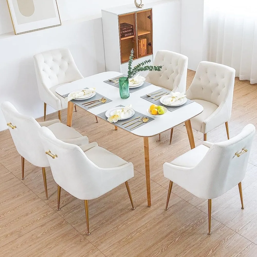 Modern Dining Chair Set of 6 with 5.12 Inch Cushions and Gold Legs with Pull-Out Backrest for Kitchen, Living Room (Off-White)