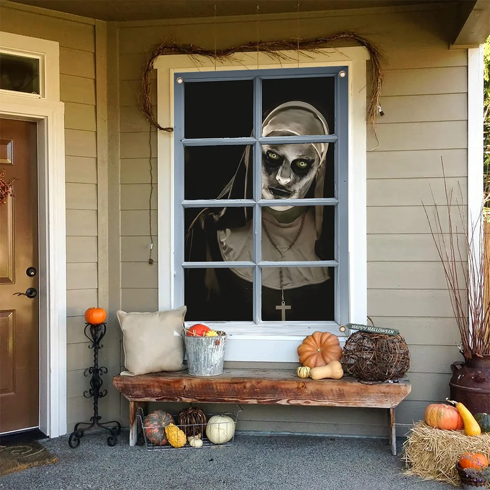 لافتة نافذة مسطحة ثنائية الأبعاد على شكل نون زومبي للهالوين - ديكورات حفلات من البوليستر مع رشات الدم