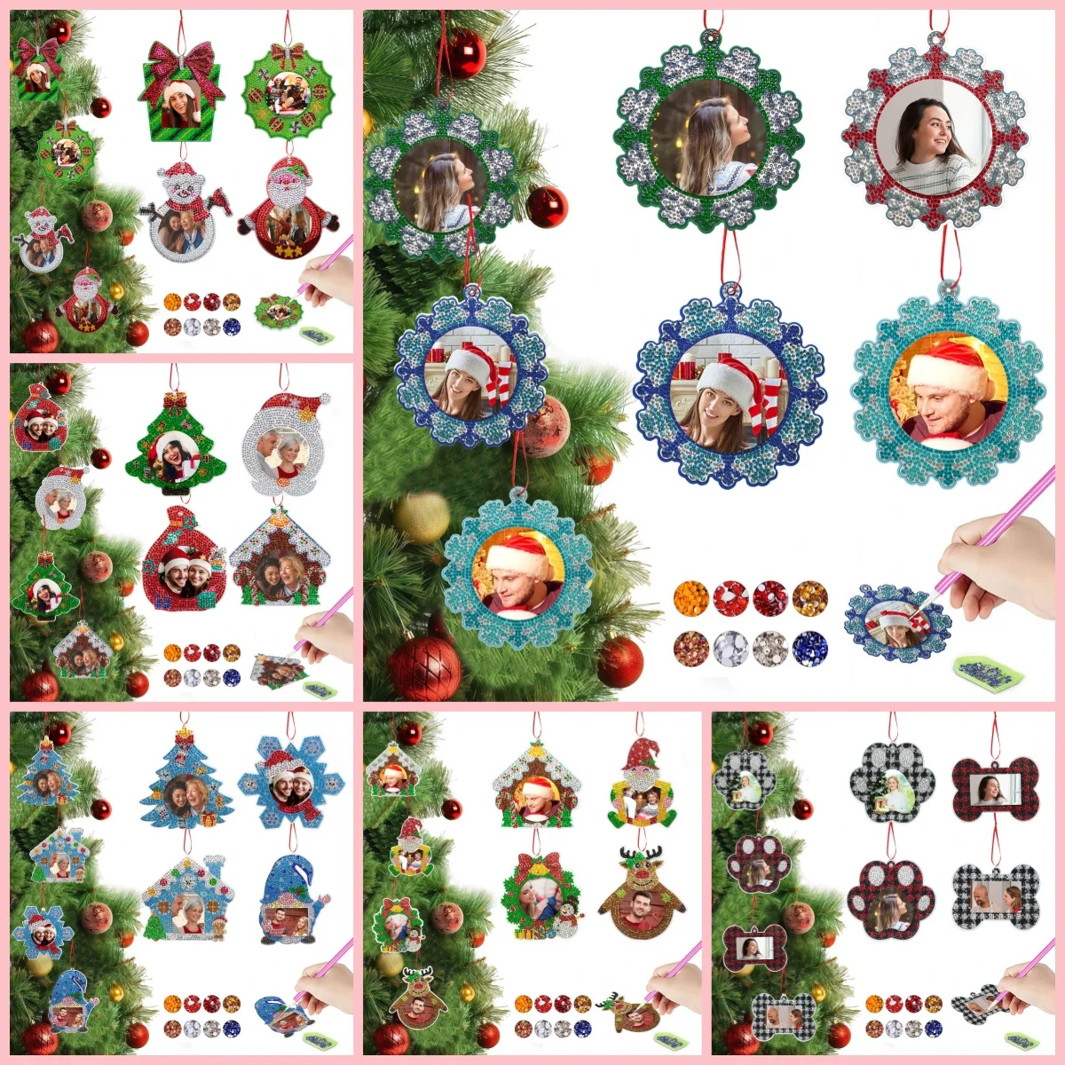 4-Piece Diamond Painting Set, Photo Frame Decoration, Christmas Series, Acrylic Material, Tree Ornaments, Christmas Gifts