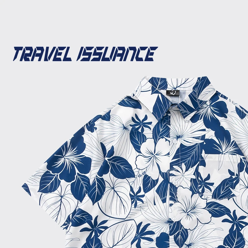 夏の新しいルーズ花柄半袖シャツカップル-tシャツ青と白の織り交ぜ旅行発行ユースファッショントップ