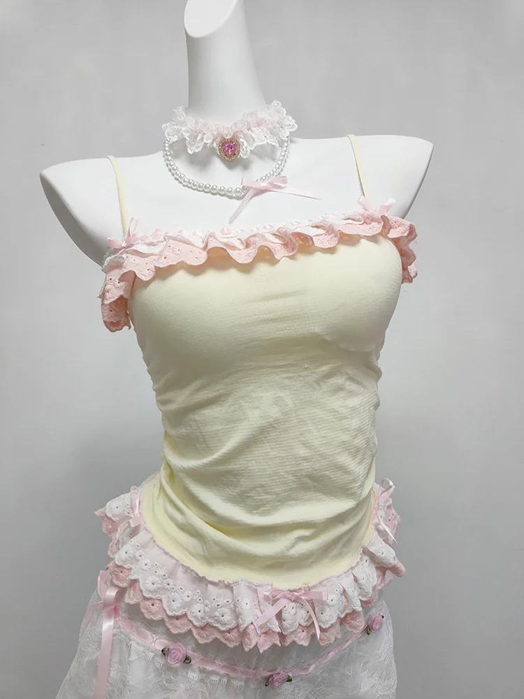 Cute Crop Top Women Summer Bows Decoration Two Layers of Lace Trim Lolita Style Cropped for Sweet Girls Kawaii Clothes