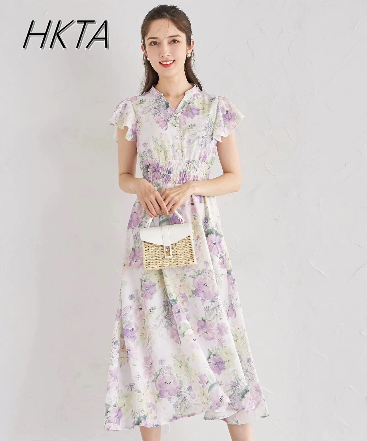 

Japanese Lolita Sweet Cute Petal Collar A Line Pink Dress Women Summer Thin Petal Sleeve Waist Pleated Flower Print Long Dress