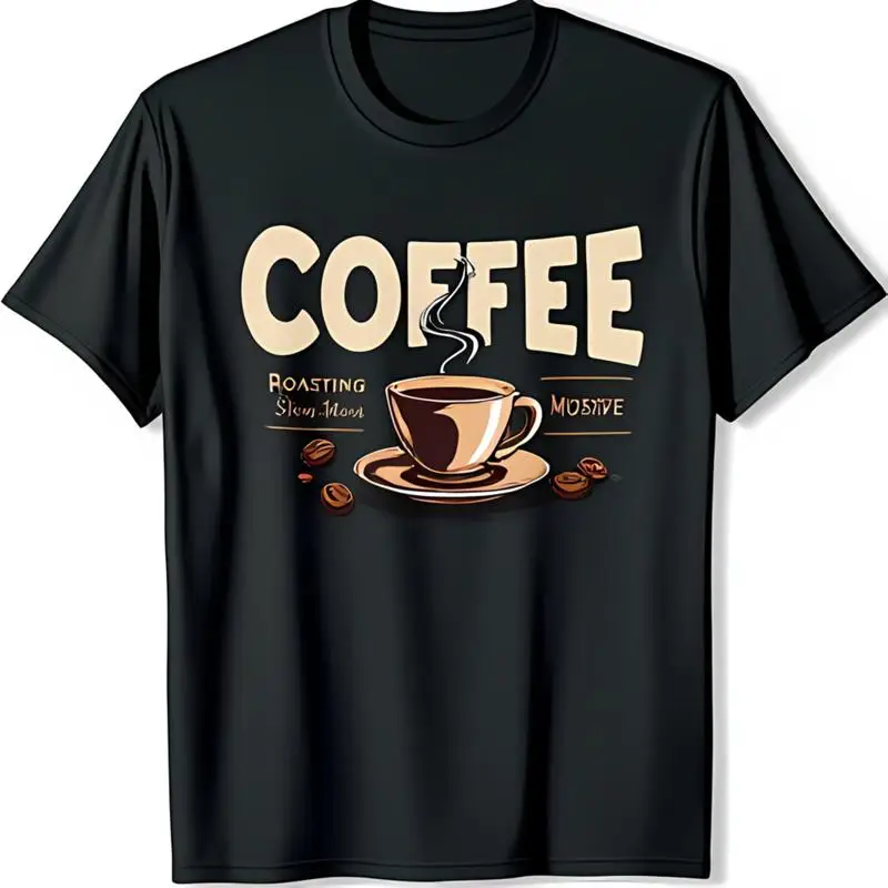تي شيرت أسود بنمط عتيق مع حبوب فنجان القهوة #1