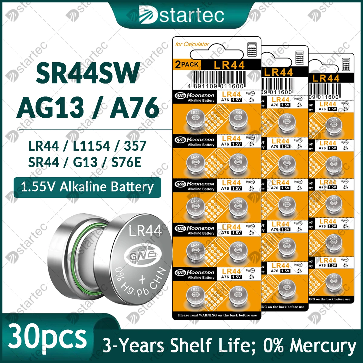

30 шт. Щелочные таблеточные батарейки Koonenda LR44 AG13 1,55 В, L1154 SR44SW 357 303 SR44 A76 G13 для часов, дистанционная игрушка
