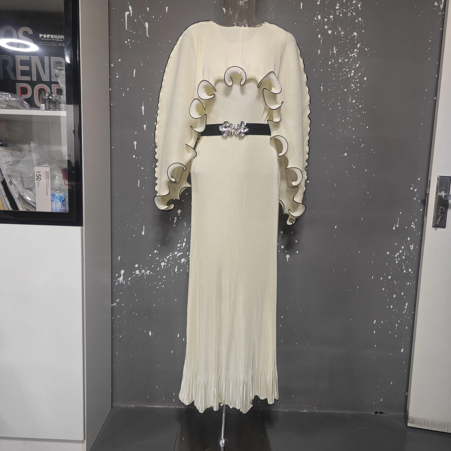 ANLAN Blue Pleated Long Dress Women Round Neck Ruffle Batwing Sleeve Belt Ruffled Elegant Evening Gown Dresses Fashion Clothing