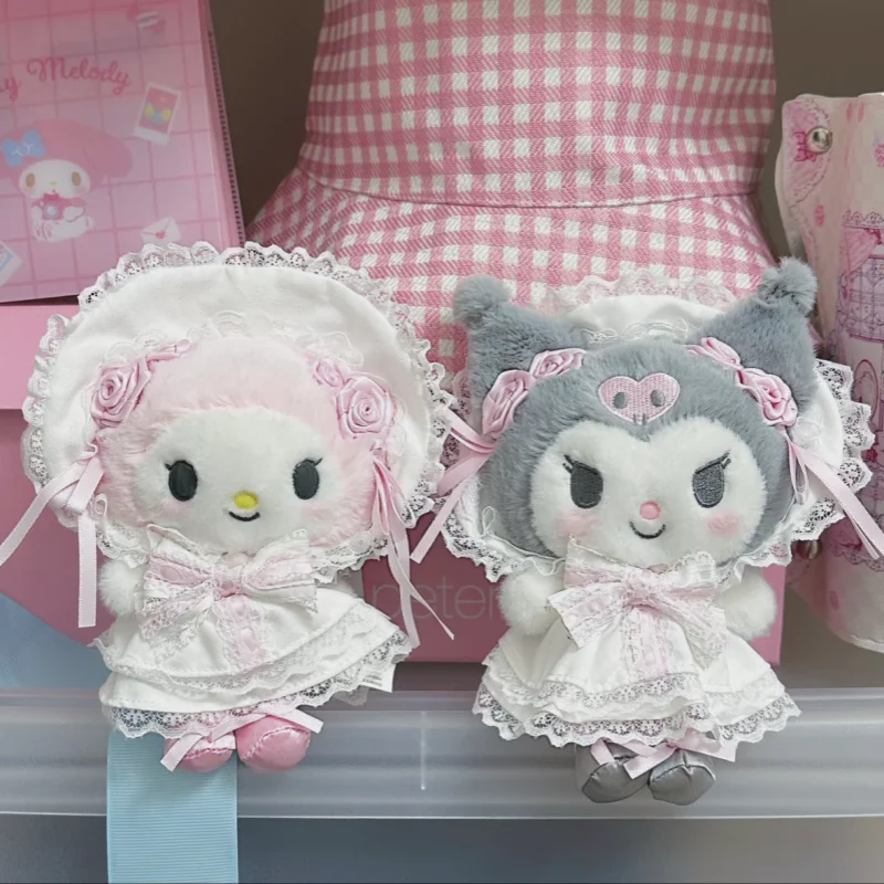 Sanrio Authentic Plush Pendant Lace Wedding Bonnet My Melody Kuromi Hello Kitty Cinnamoroll Stuffed Bag Charm Lobster Clasp