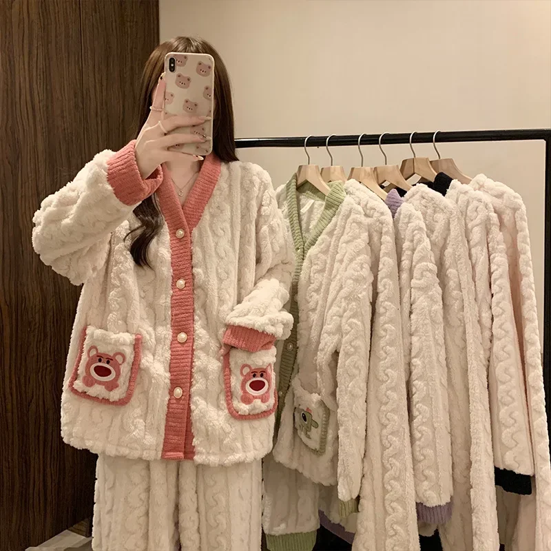 Coral Fleece Pajamas Women's Autumn and Winter Fleece Thickened Cute Cartoon Flannel New Loungewear Set