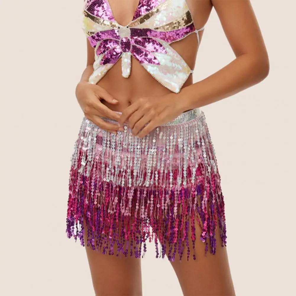 2025 Pailletten Buikdans Rok Laag Kwastje Hippe Sjaal Boheemse Elastische Taille Party Indian Latin Hula Danser Prestaties Jurk