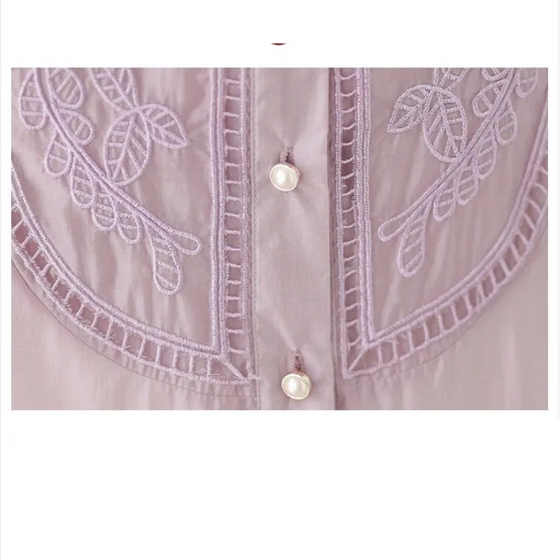 Women's Solid Round Neck Geometric Embroidery Splicing Lantern Short Sleeve Chiffon Button Cardigan Shirt Elegant Summer Tops