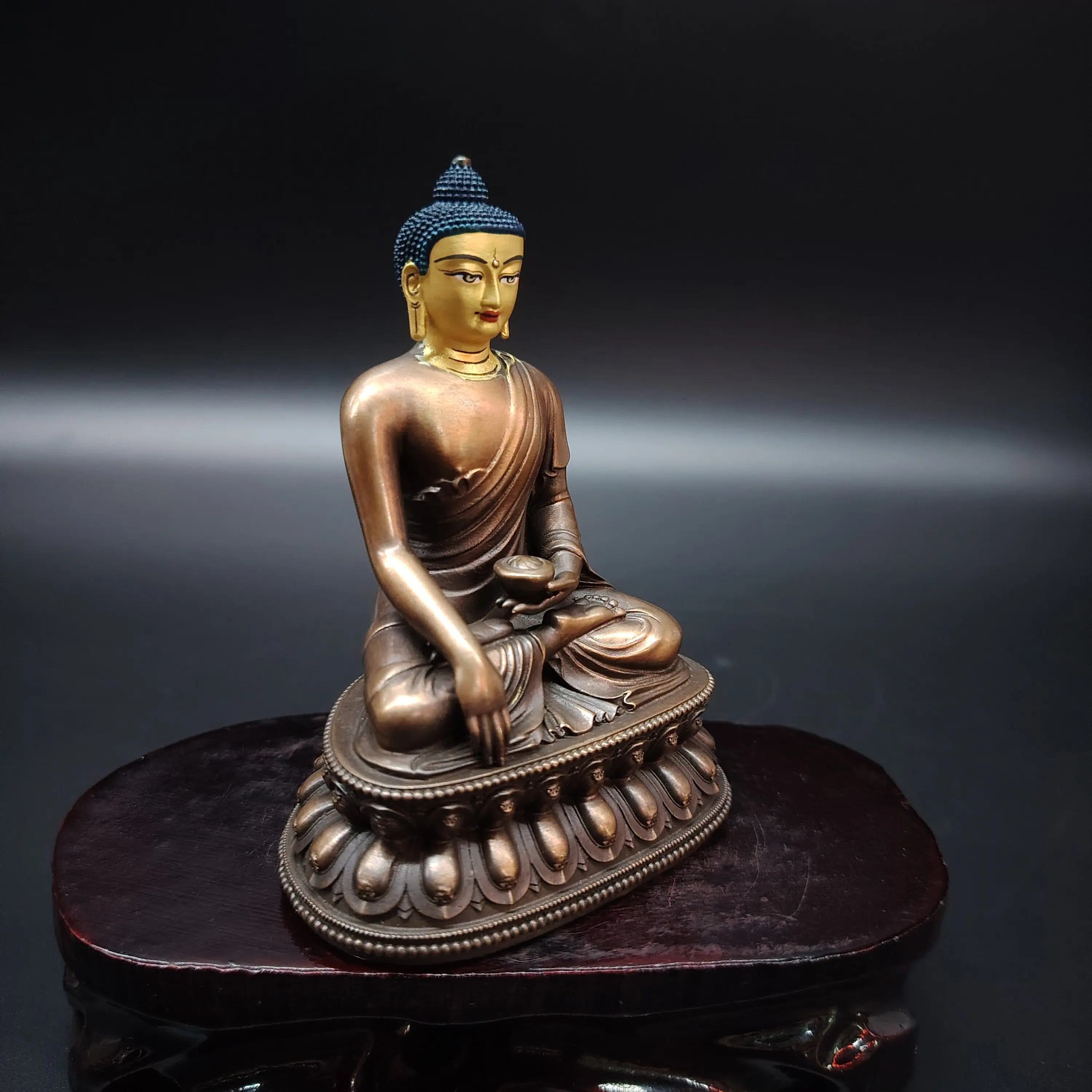 Nepal Craft Antique Copper Painted Face Medicine Buddha Statue 10cm Portable Altar Blessing