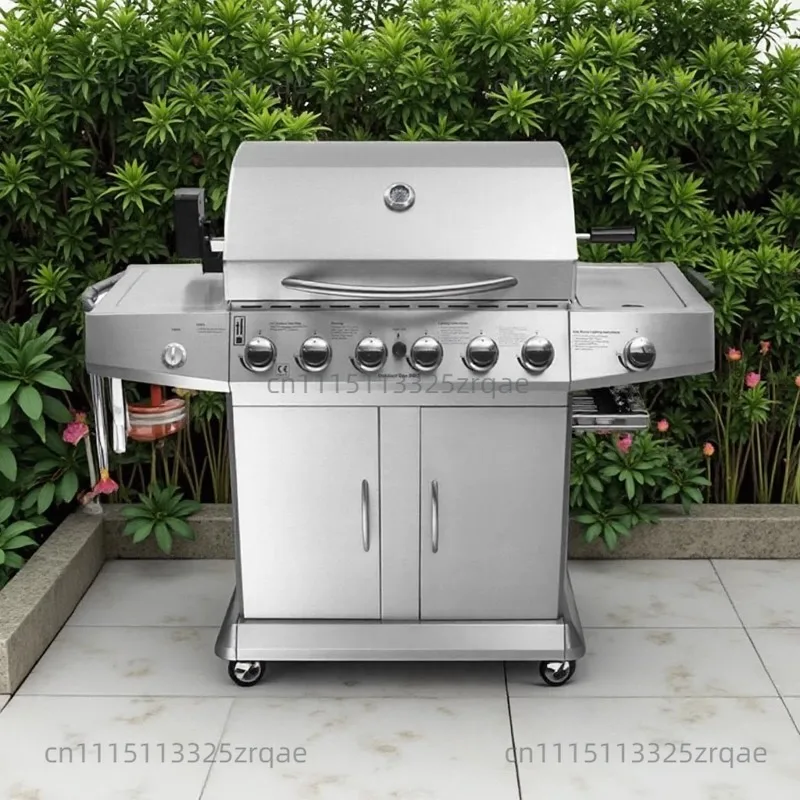 Outdoor Party Camping High Quality 6 Burner Gas Grill Portable Steel Wheel Enamel Grill & Campground Grill