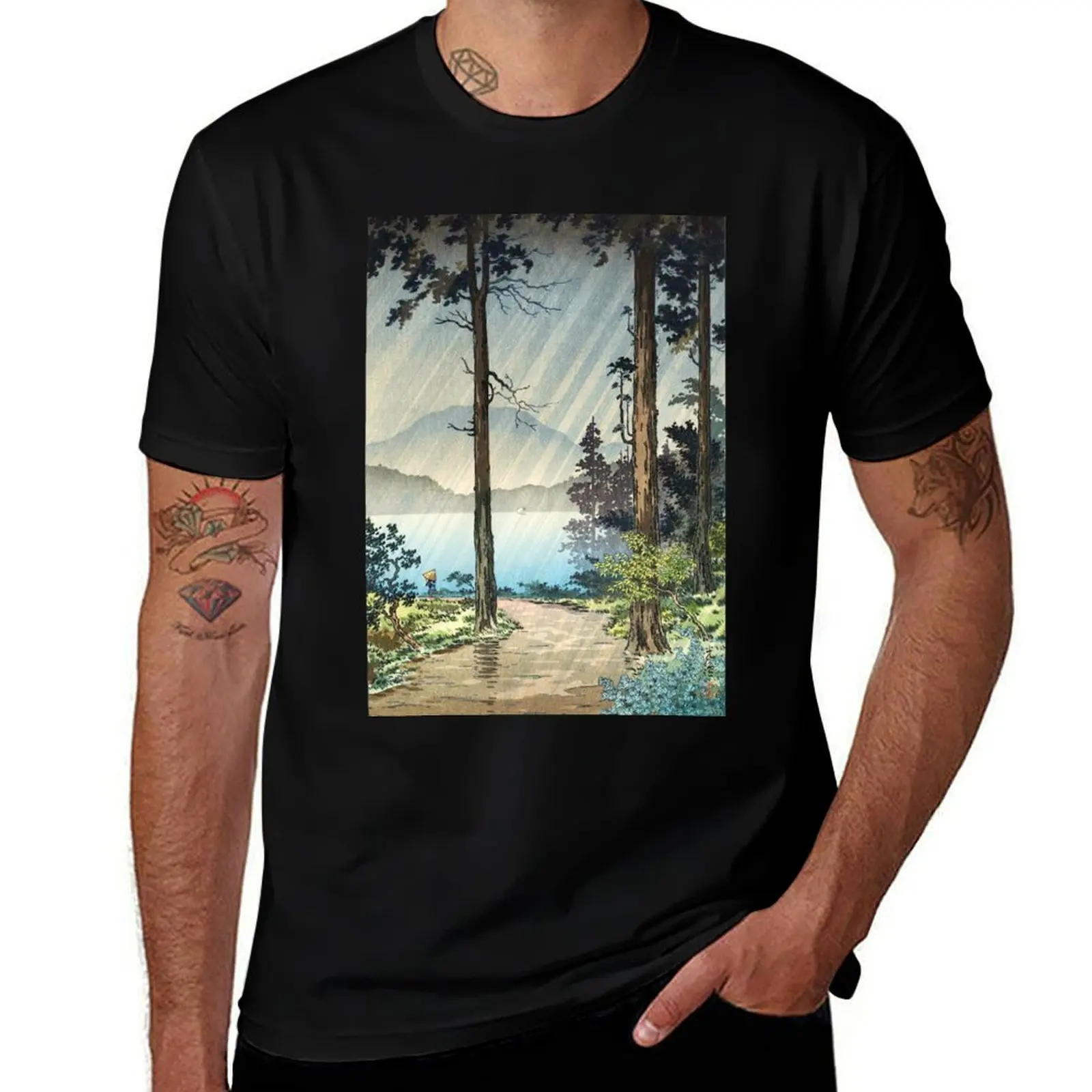 Tsuchiya Koitsu - Morning Rain at Hakone T-Shirt Running Gym Short Sleeve Sports Tee T-Shirt
