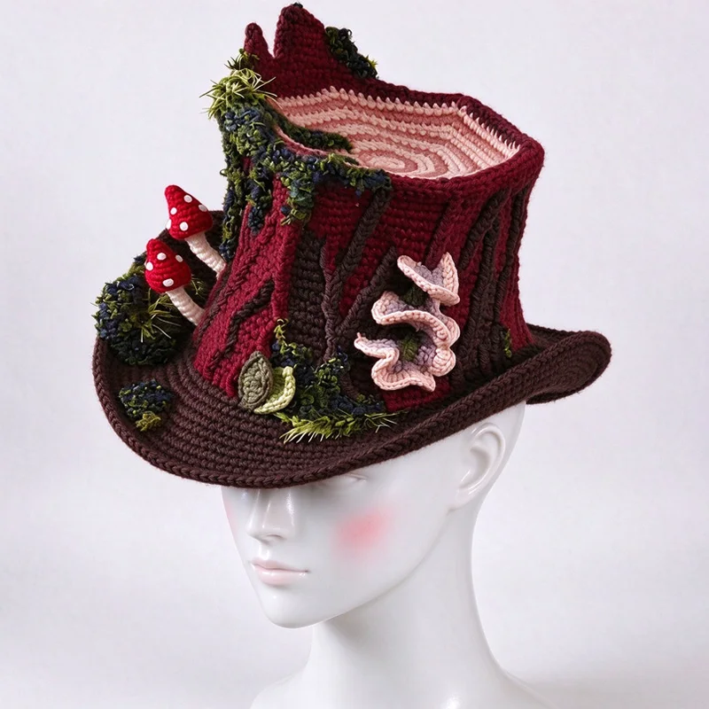 Handmade Brown Pixie Top Hat Men Custom Crochet Mushroom Moss Charm Knitted Beanie Women Goblincore Wooland Cosplay Funny Caps