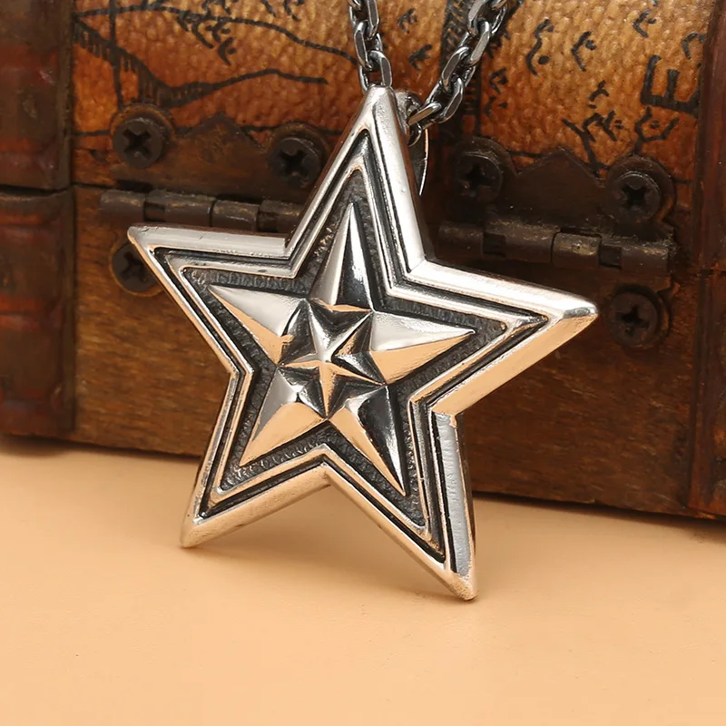 Pendentif tendance pentagramme en argent pur S925, chaîne de chandail de style punk en argent thaïlandais rétro, accessoire pendentif tendance