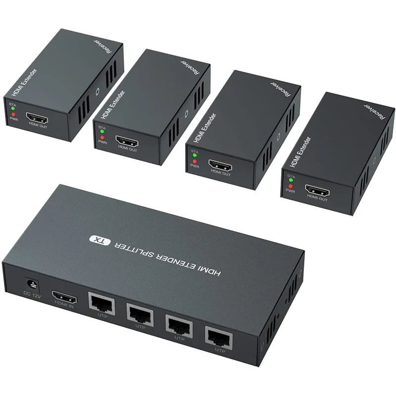 

1x4 HDMI Splitter Extender over Cat5e/6 Ethernet Cable 50M 1080P HDMI Video Distribution extension 1 Transmitter and 4 Receiver