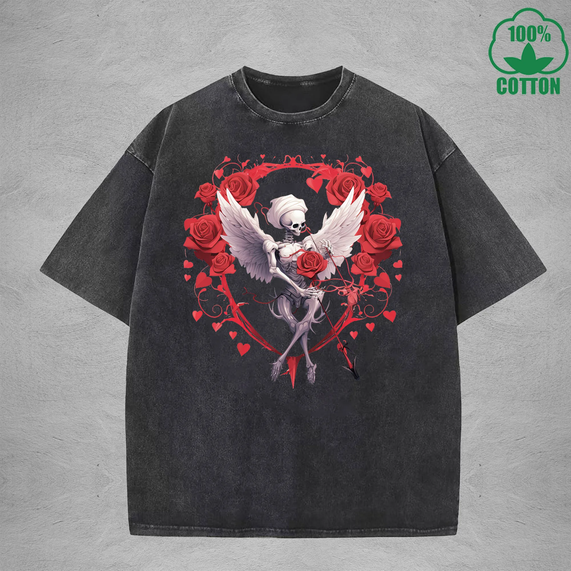 Rose Skeleton Printed Washed T-Shirt 230G Multicolor Minimalist Loose Trendy Fashionable Cotton Short Sleeve Top