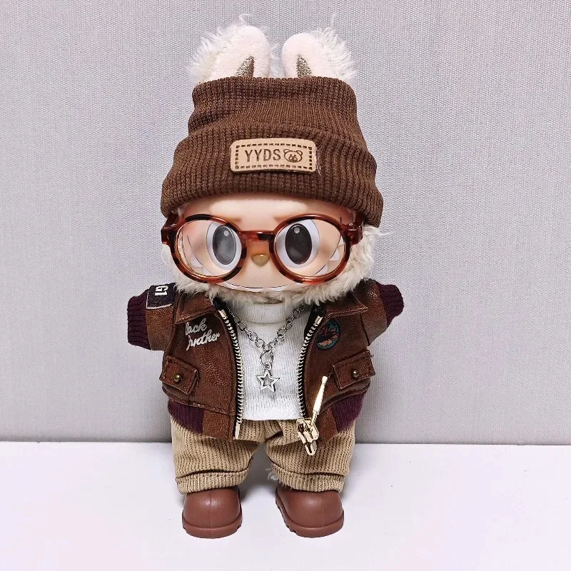 Retro motorcycle wind doll coat pants children's hats headphones glasses 15-17cm rag plush blind box doll dress up accessories