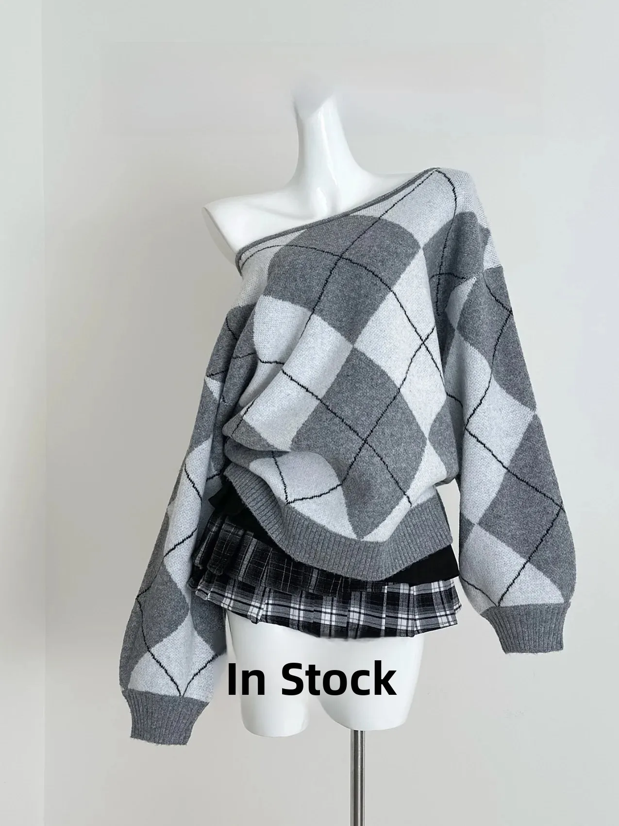 ANAN Grey Plaid Knitted Loose Women's Sweater Casual Style Long Sleeve round Neck Comfortable Lazy Fashion Top