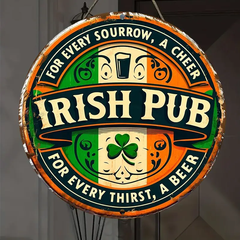 Image of 1 Stück Vintage Irish Pub Metallschild - 19,99 cm Rundes Aluminium Happy Hour Wanddekor mit Kleeblatt & Irish Pub Beschriftung, Wasserfest