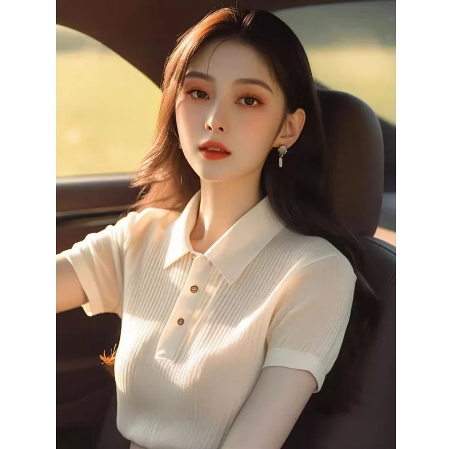 럭셔리 니트 아이스 실크 티셔츠 여성 슬림핏 여름 얇은 티셔츠 남유 빅 브랜드 출퇴근용 슬레 레귤러...