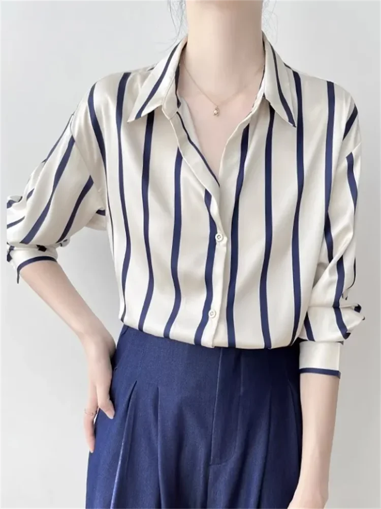 High Quality Satin Blouse Women Shirt Striped Shirt For Women Fashion Shirt OL Laple Long Sleeve Woman Clothes Blous Basic Shirt