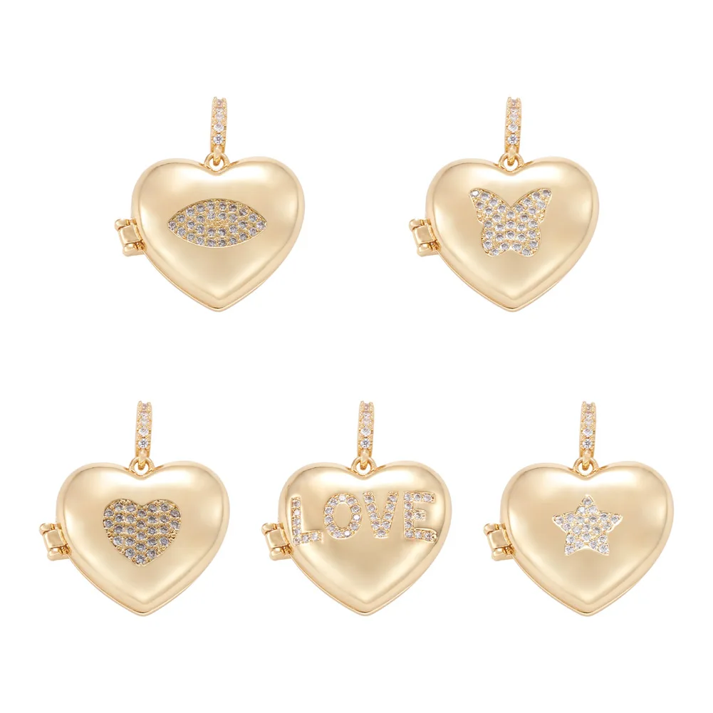 5Pcs Heart Locket Pendants Brass Micro Pave Clear Cubic Zirconia Charms For Openable Locket Necklace Jewelry Making Women Gifts