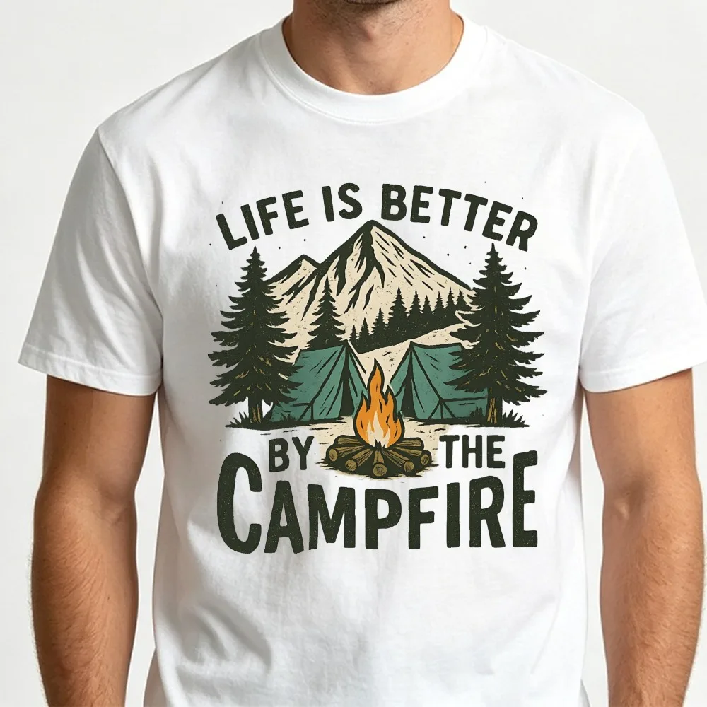 Life Is Better By The Campfire Mountain Tent Vintage Graphic Men Summer Cotton T Shirt Outdoor Camping Nature Short Sleeve Tee