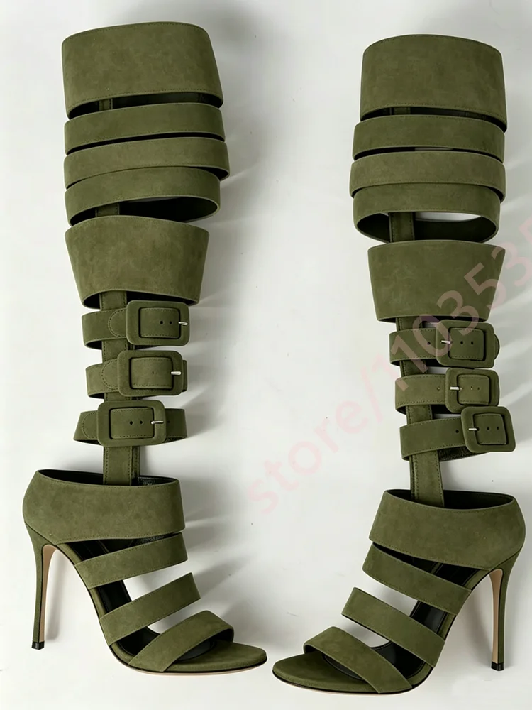 Women Multi Color Block Strappy Knee High Gladiator Sandals Buckle Strap Stiletto Open Toe Thigh High Heel Sandal for Club Party