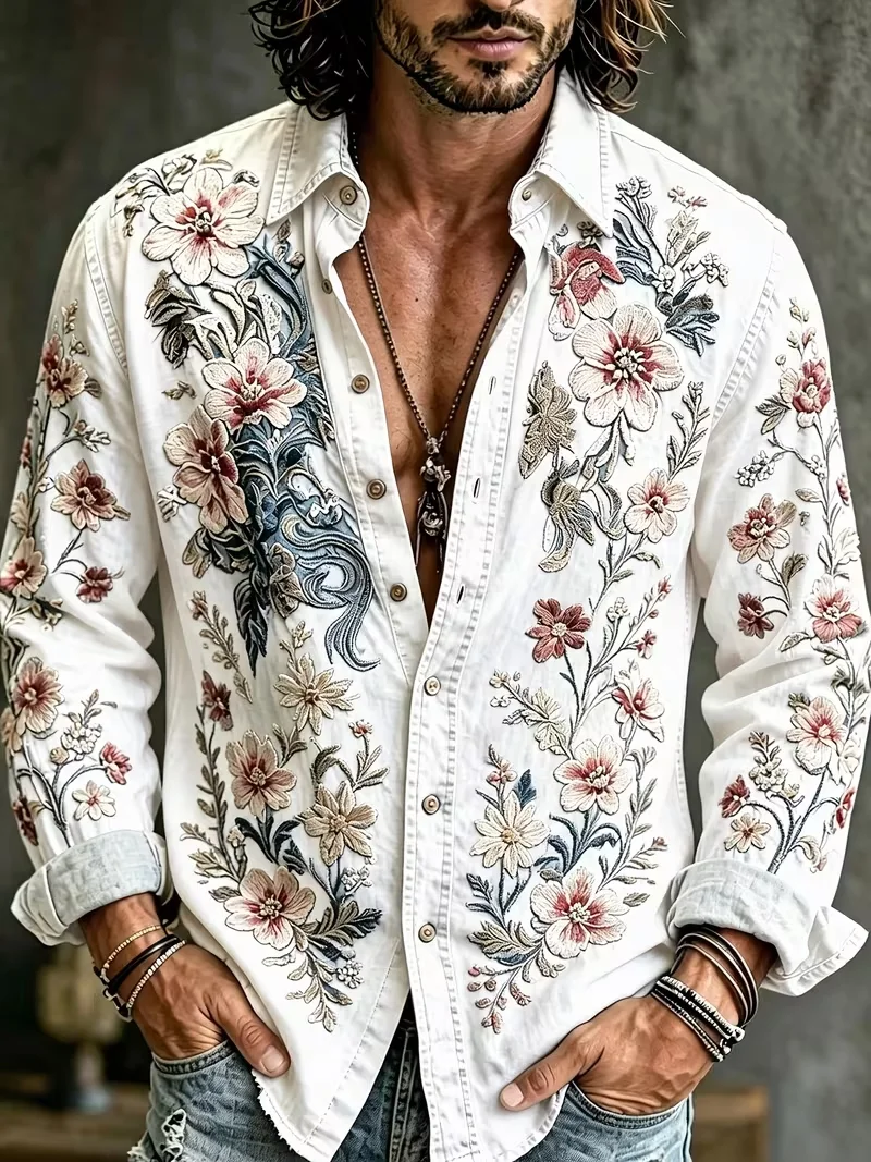 New wine purple retro floral 3D printed long sleeved shirt with western denim style men's loose casual shirt