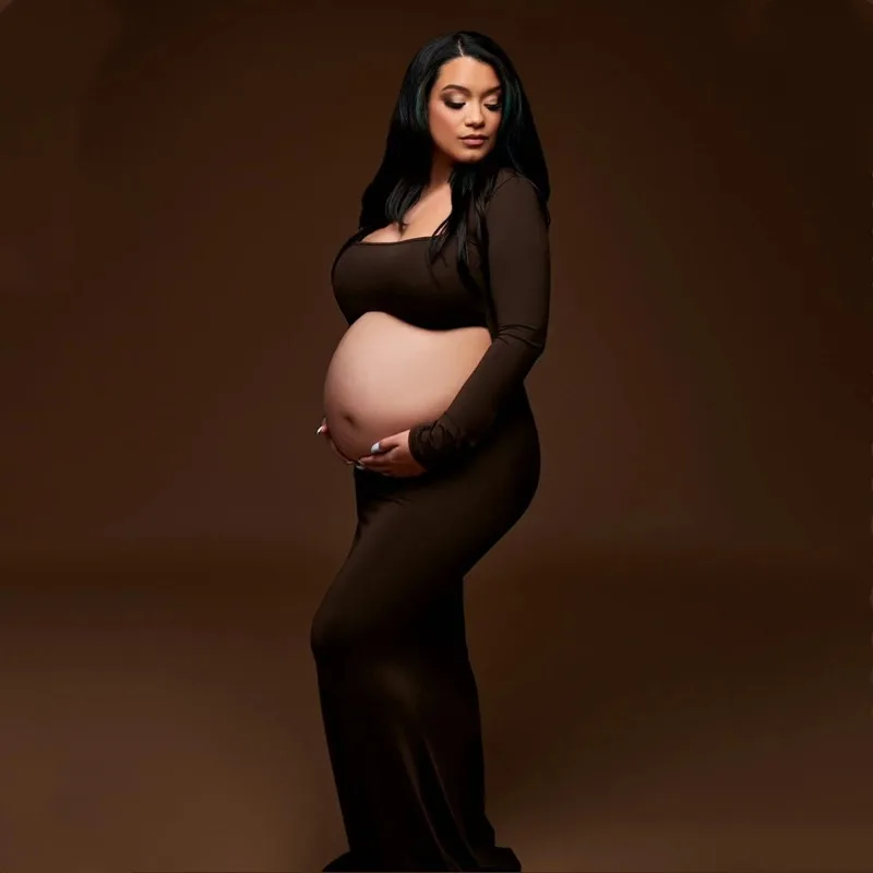 Cut Out Maternity Dress for Photos Open Belly Long Sleeve Photography Gown Square Neck Maternity Outfit Dresses