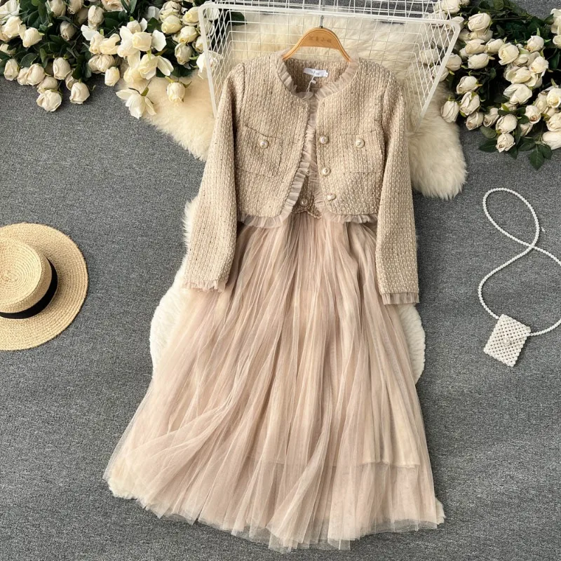 2023 New Autumn Spaghetti Strap Woolen Patchwork Mesh Tulles Midi Dress + Short Tweed Jacket Coat For Women 2 Pieces Set Outfits