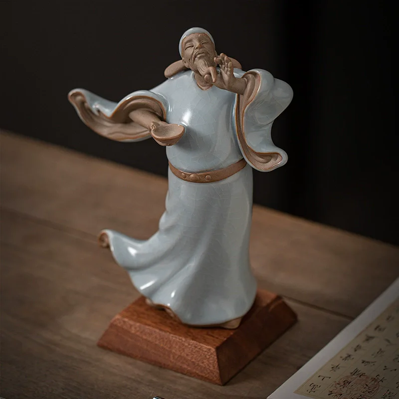 Large Li Bai Watching the Moon Figurine， Ru Ware Ceramic Poet Statue， Drinking Alone Under the Moon Scholar‘s Decor， Zen Home Of