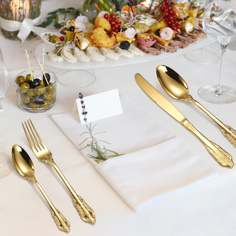 

Vintage Embossed Tableware Set Stainless Steel Cutlery Smooth Surface Easy Clean Serving Practical Utensil Home Dinner