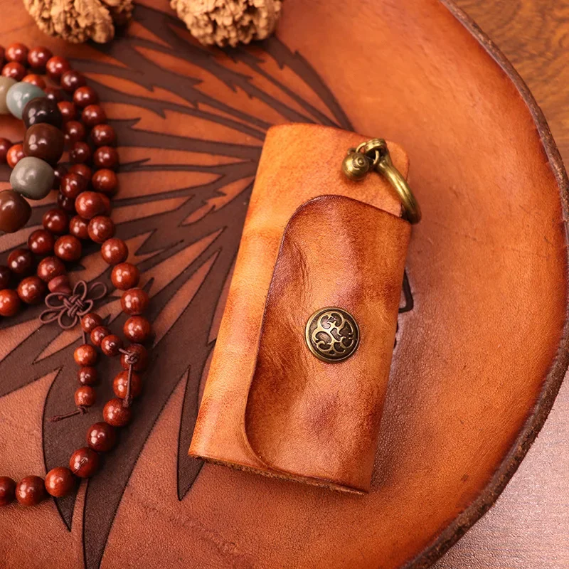 New First-layer Cowhide Vegetable Tanned Leather Key Bag Men's Retro Simple and Old Pleated Hand Holding Mini Keychain Women