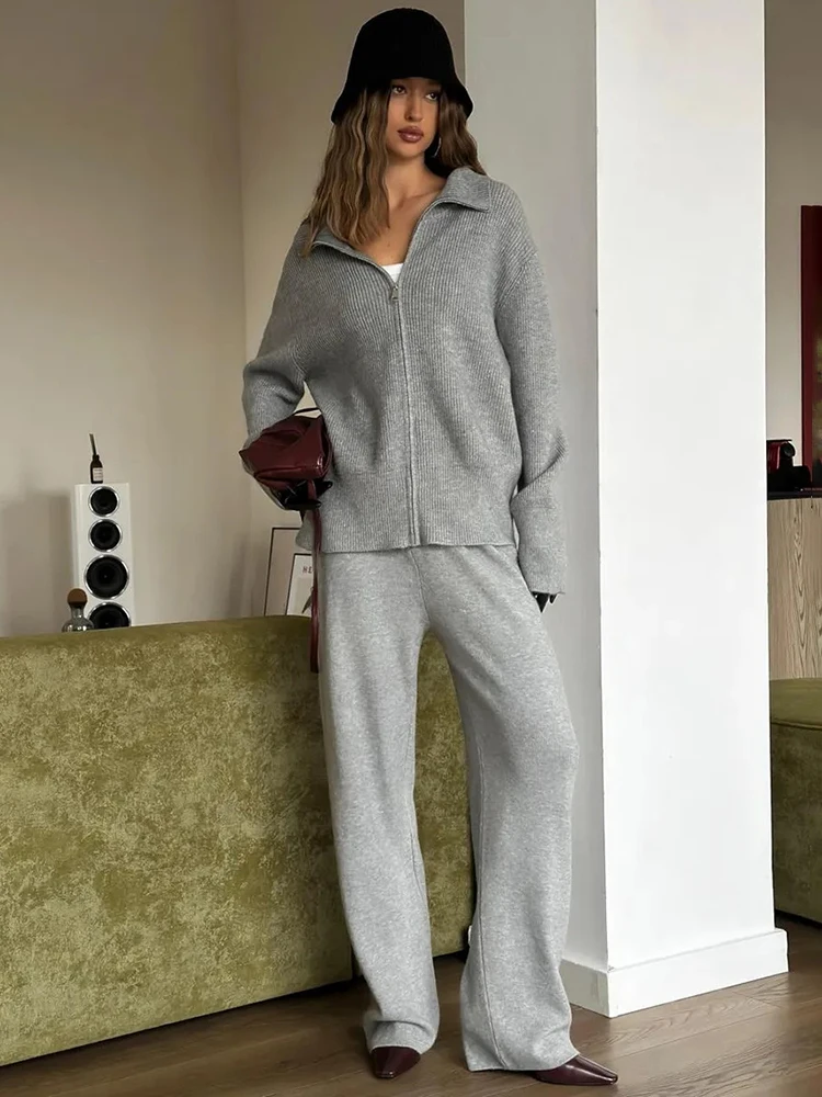 

Tuularose Casual Knit Women Coat Pant Set White Lantern Full Sleeve Coats Female Sets Sport Wide Leg Lady Trousers Suit Pant Set