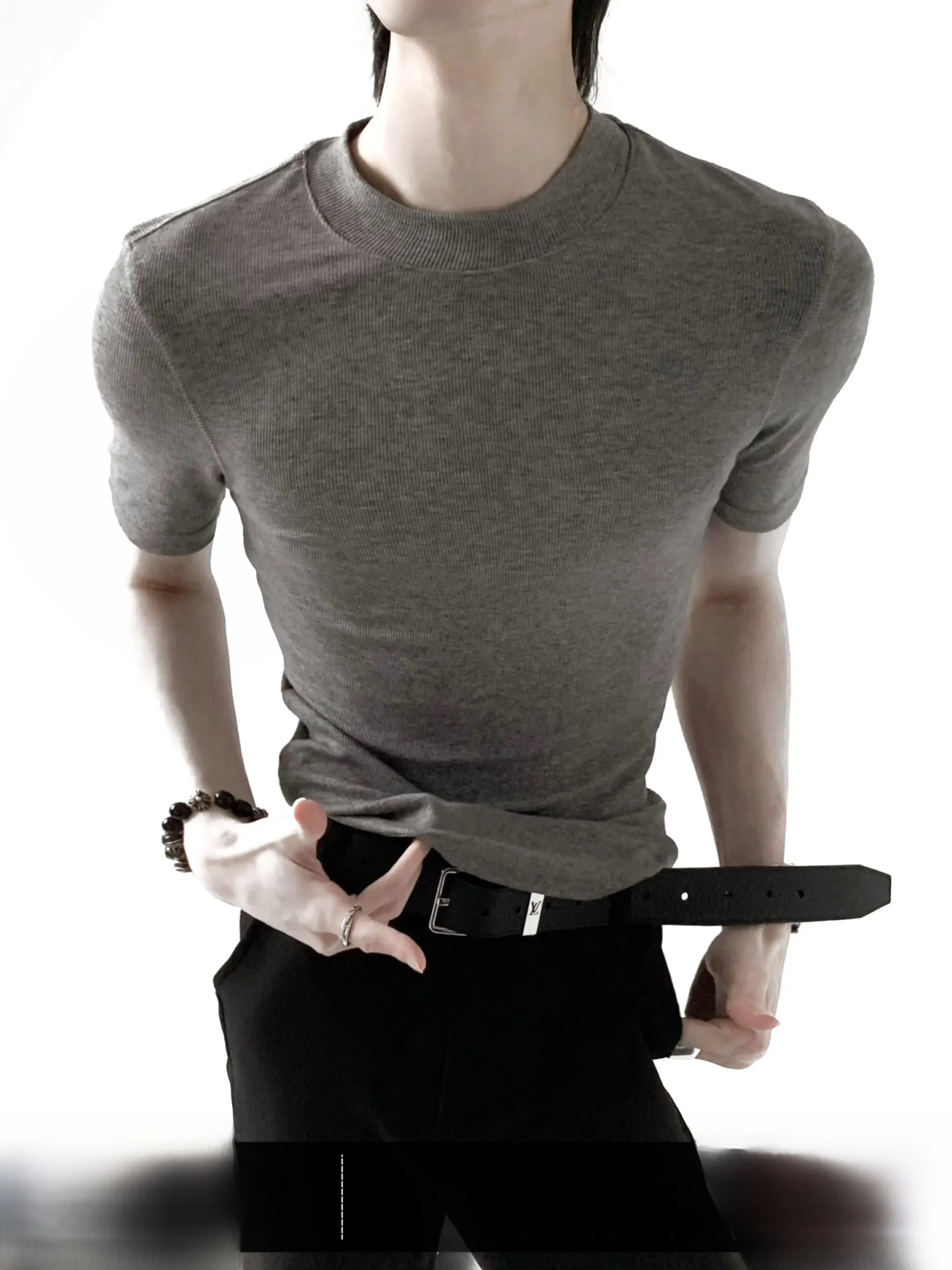 Cooling Wool Slim Fit Short Sleeve Knitted T-Shirt Men's Fitness Wear Breathable Comfortable round Neck Top Clean Fit Style