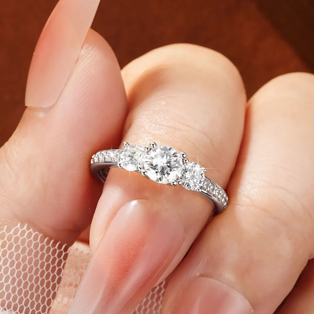 Celestinova Round Moissanite Three Stone Ring GRA Certified 14K Gold Plated Engagement Wedding Bridal Jewelry For Women