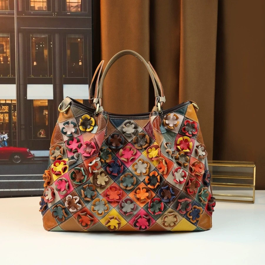 

Colorful Floral Women Cow Leather Handbag Big Genuine Leather Tote Bag Fashion Ladies Shoulder or Crossbody Bags