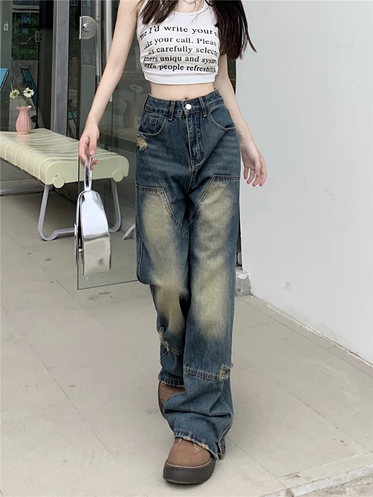 Retro Vintage Worn-out Hole Straight Leg Pants Women's Jeans Summer High Waisted Loose Fitting Wide Leg Pants Floor Length Pants