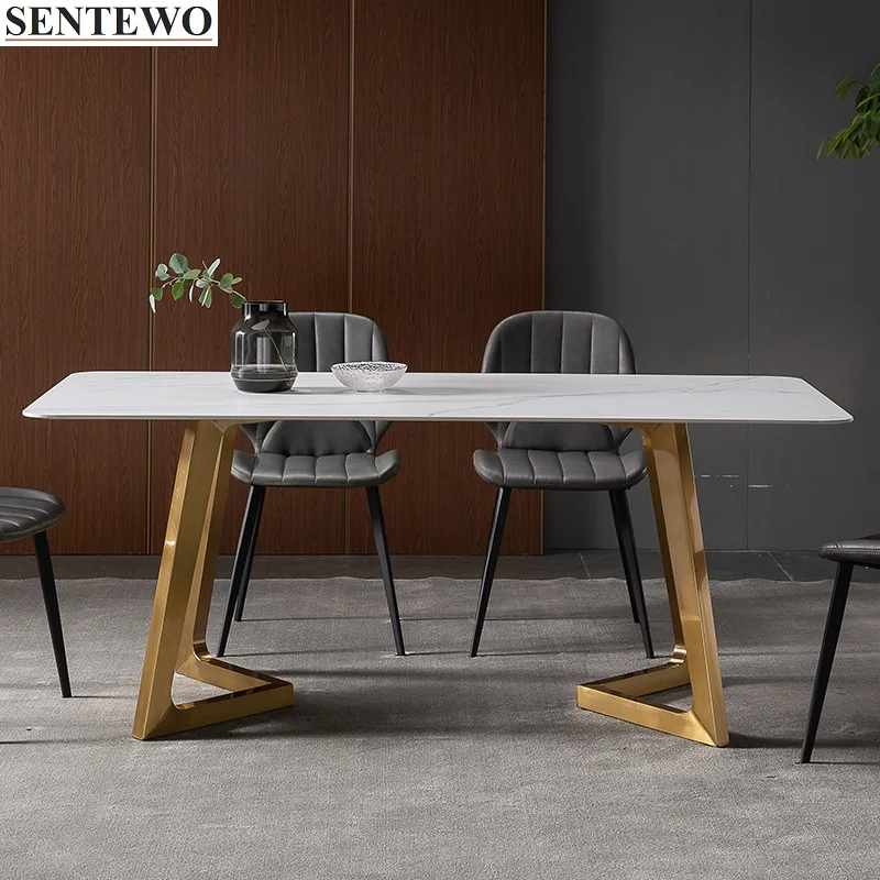 SENTEWO Luxury Marble Dining Table With 6 Dinning Chairs Set Metal Titanium Glaze Golden Frame Home Furniture Eettafel Comedor